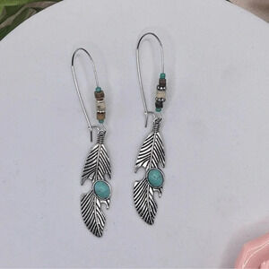 1 LEFT! Silver Beaded Bohemian Turquoise Feather Earrings